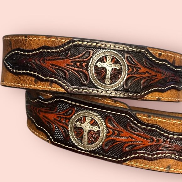 ROPER 8641500 TAN OSTRICH PRINT LEATHER BELT - BELT HOLES 29.5 - 34 INCHES - NWT - Picture 2 of 3